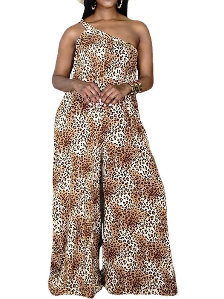 Leopard Casual Fuld Længde Løst Kvinders Jumpsuit Med Brede Ben