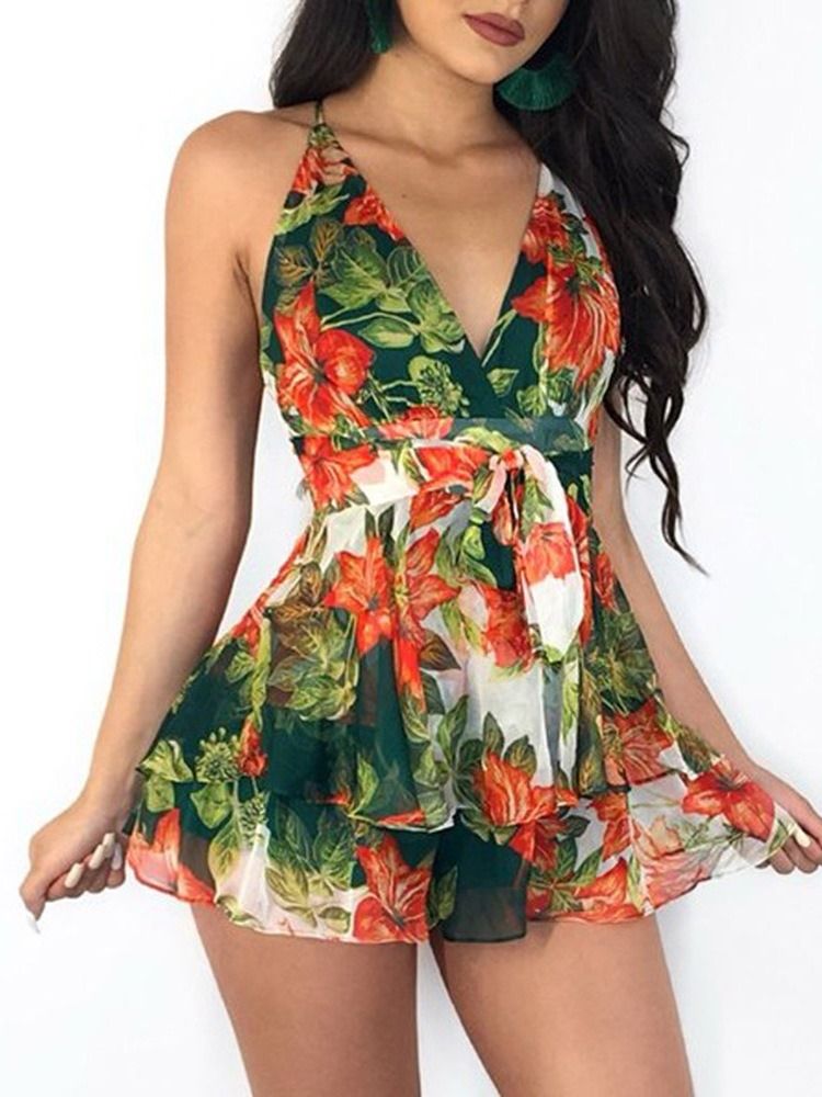 Patchwork Western Floral Slim Mid Waist Women's Jumpsuit