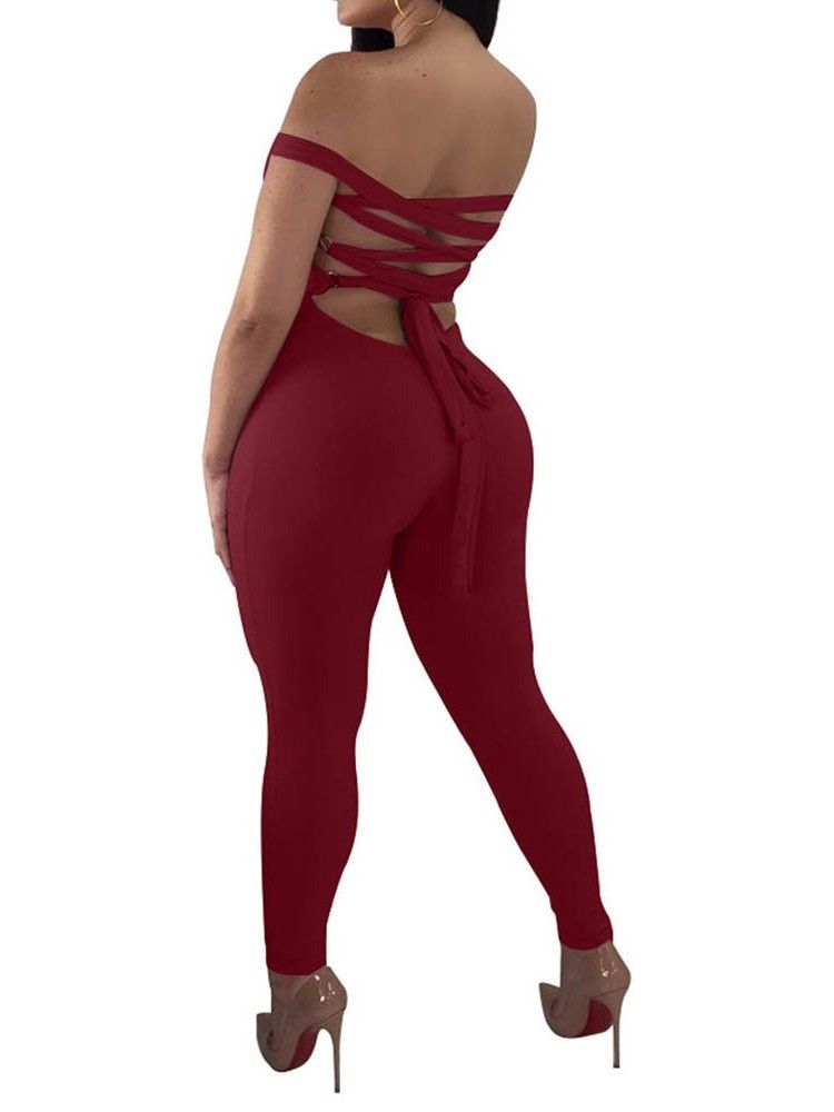 Plain Backless Full Length Skinny Pencil Pants Women's Jumpsuit