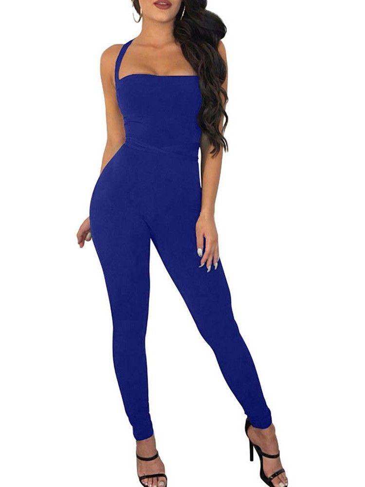 Plain Backless Full Length Skinny Pencil Pants Women's Jumpsuit