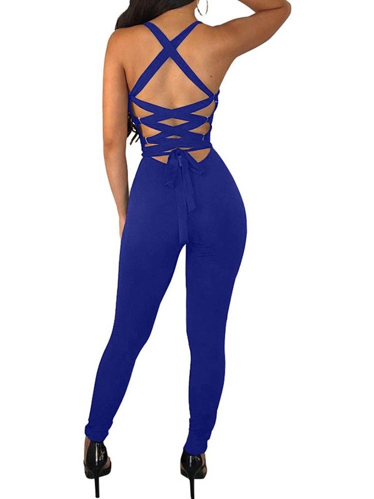 Plain Backless Full Length Skinny Pencil Pants Women's Jumpsuit