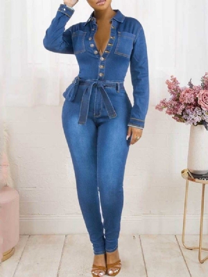 Plain Full Length Button Slim Pencil Pants Dame Jumpsuit