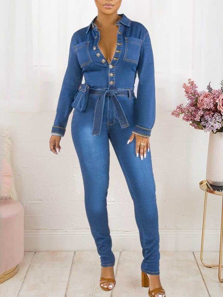 Plain Full Length Button Slim Pencil Pants Dame Jumpsuit