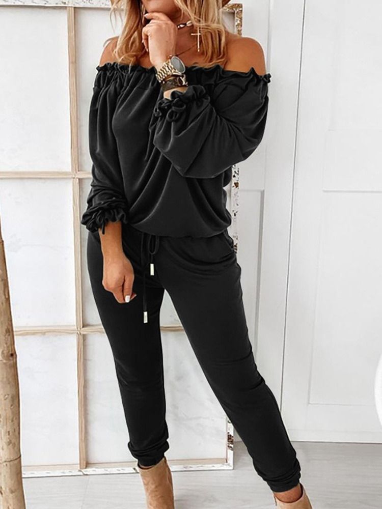 Plain Lace-up Full Length Mid Waist Loose Women's Jumpsuit