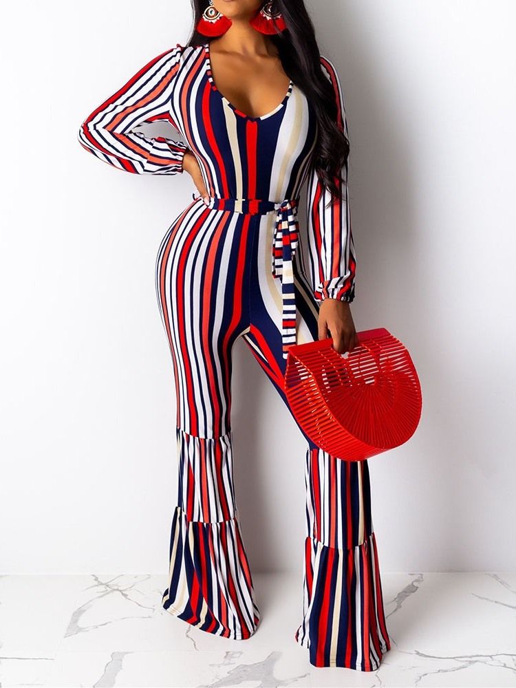 Print Full Length Stripe Loose Bellbottoms Women's Jumpsuit