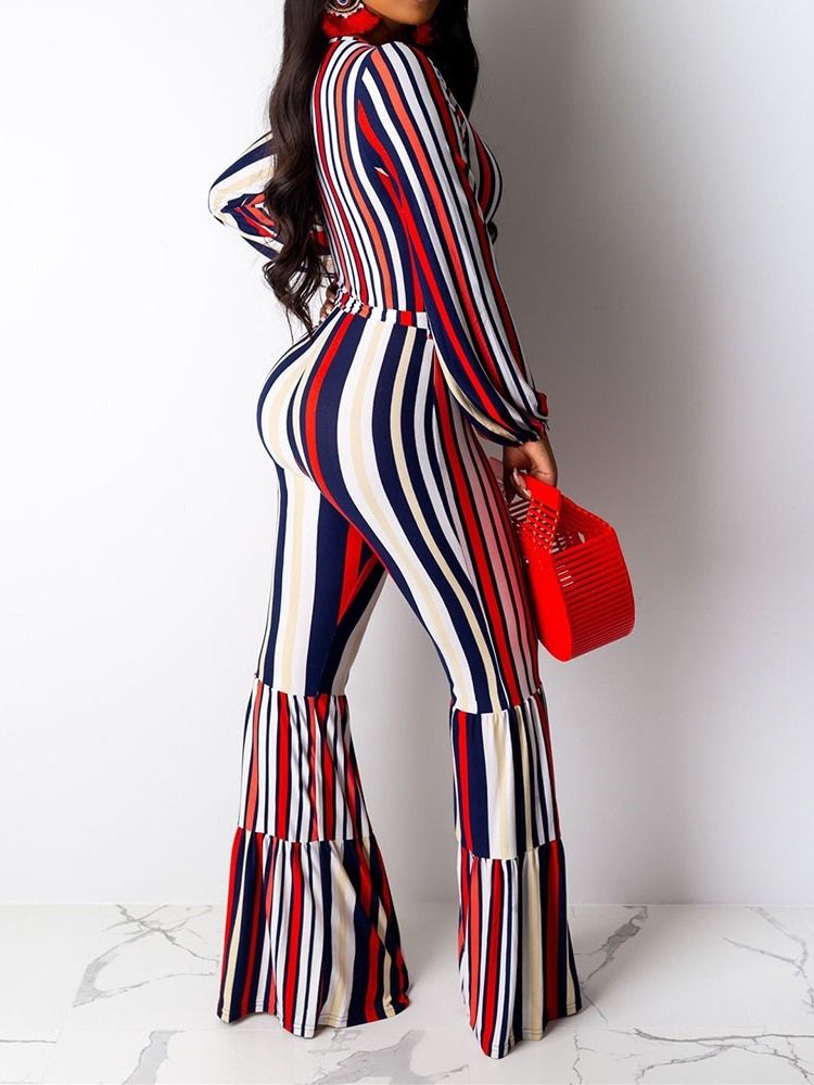 Print Full Length Stripe Loose Bellbottoms Women's Jumpsuit