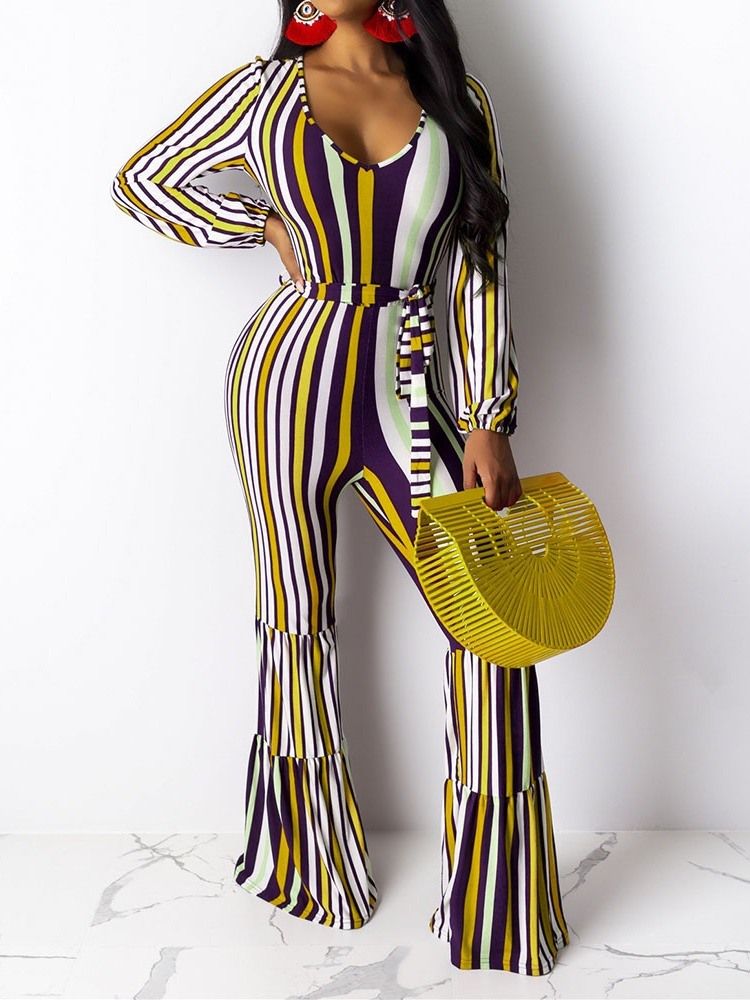 Print Full Length Stripe Loose Bellbottoms Women's Jumpsuit