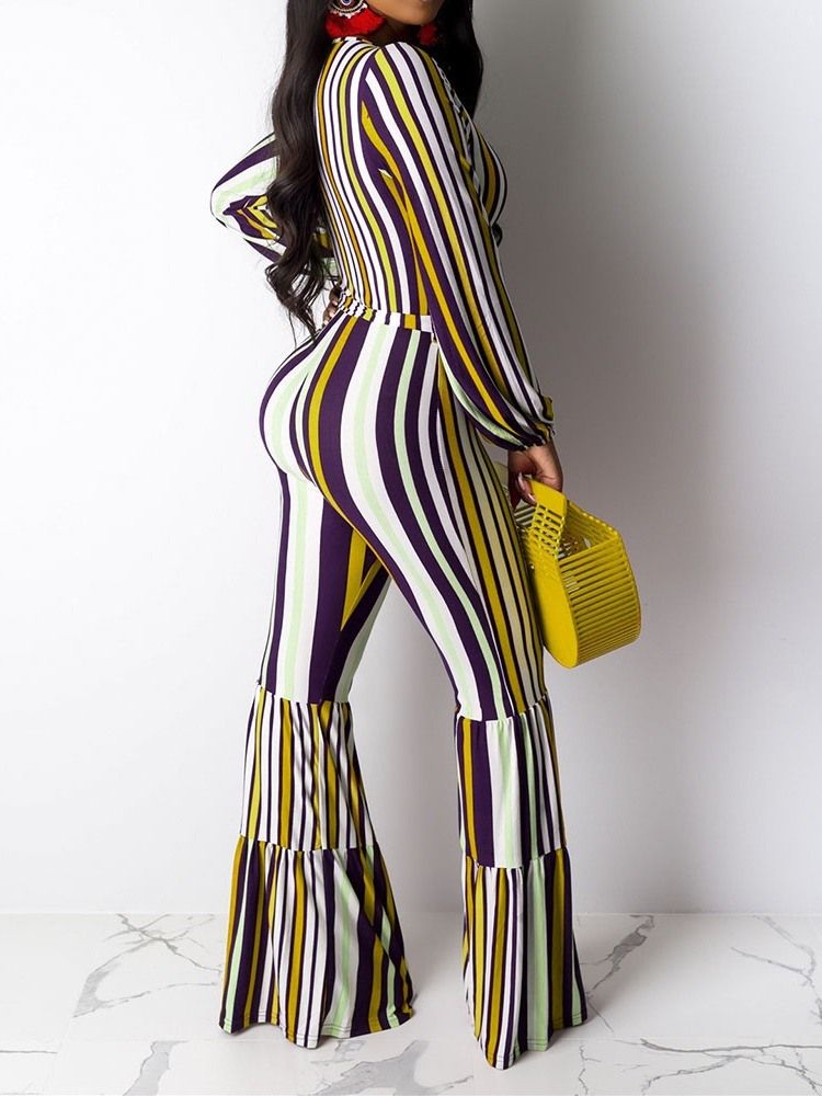 Print Full Length Stripe Loose Bellbottoms Women's Jumpsuit