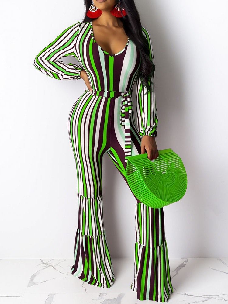 Print Full Length Stripe Loose Bellbottoms Women's Jumpsuit