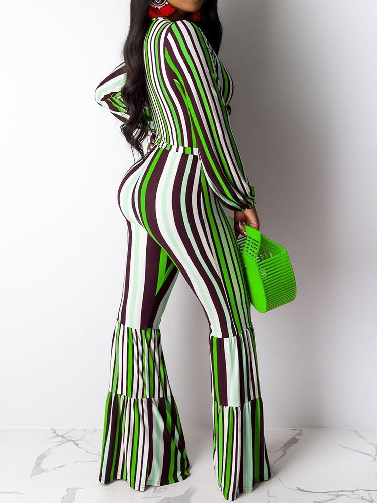 Print Full Length Stripe Loose Bellbottoms Women's Jumpsuit