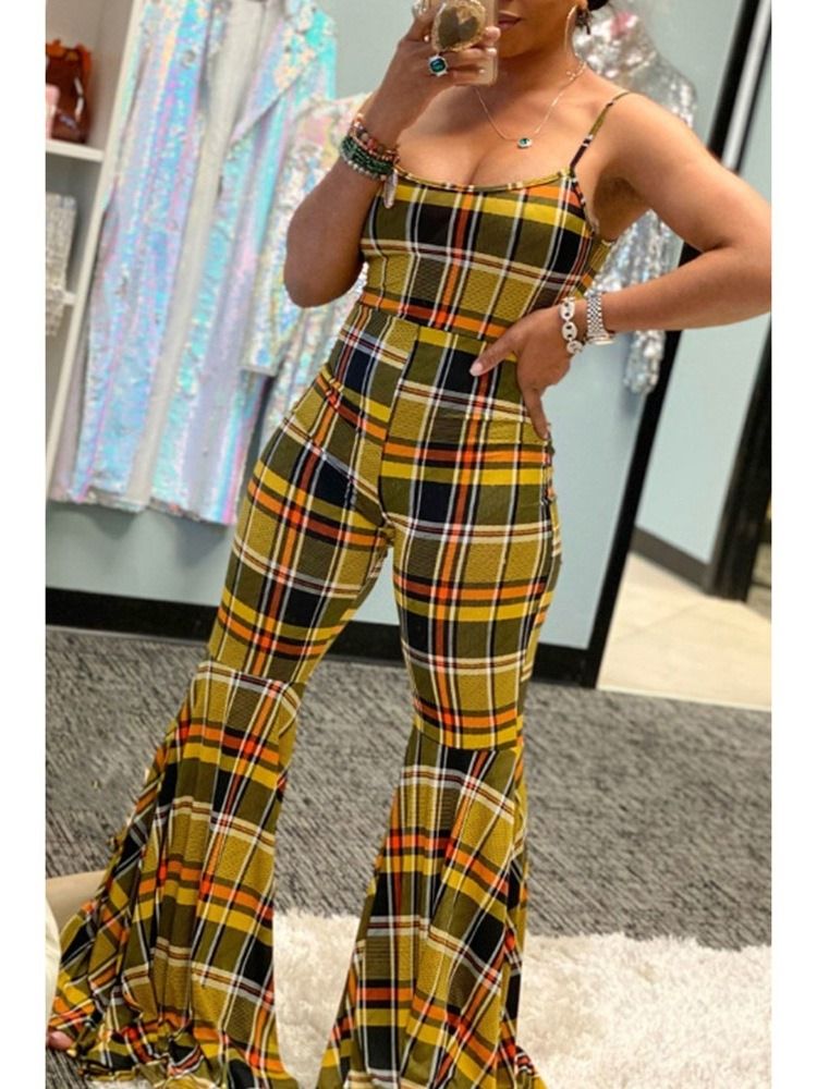 Western Patchwork Plaid High Waist Bellbottoms Jumpsuit Til Kvinder