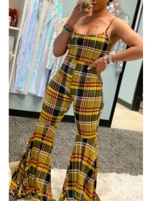 Western Patchwork Plaid High Waist Bellbottoms Jumpsuit Til Kvinder