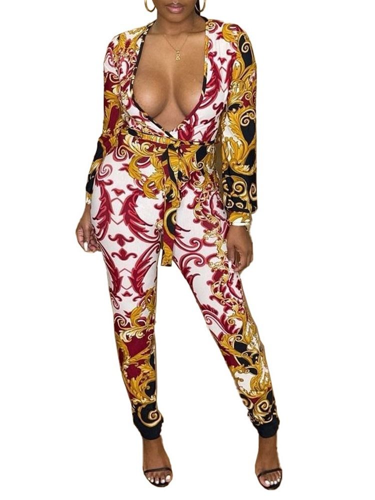 Western Print Fuld Længde Midt Talje Kvinders Skinny Jumpsuit