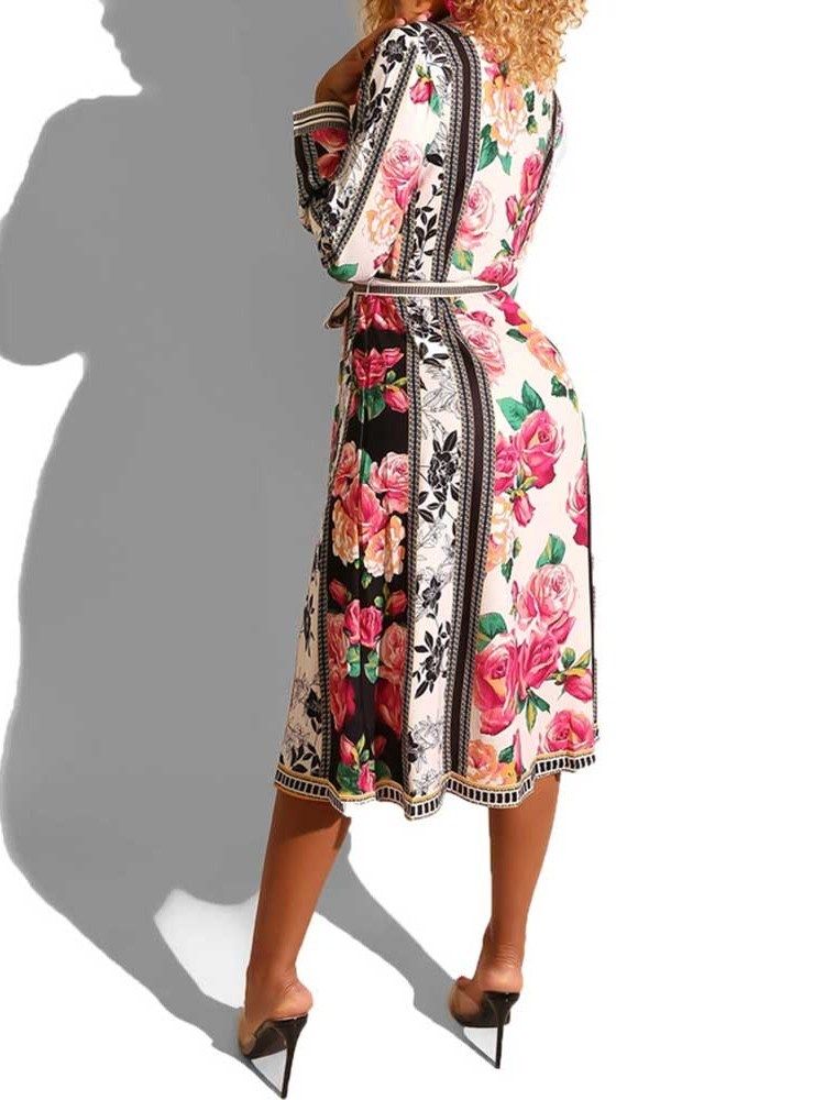 Kvinder Floral Print Revers Langærmet A-line Vintage Kjole