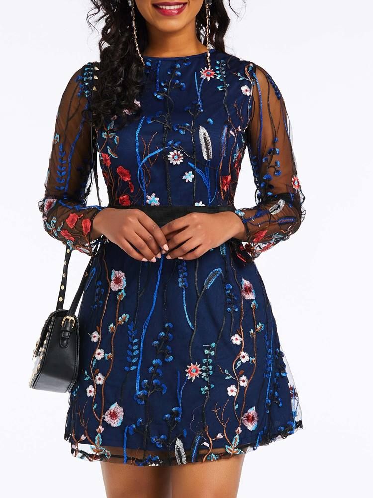 Kvinders Broderi Over Knæet Floral Date Night Dress