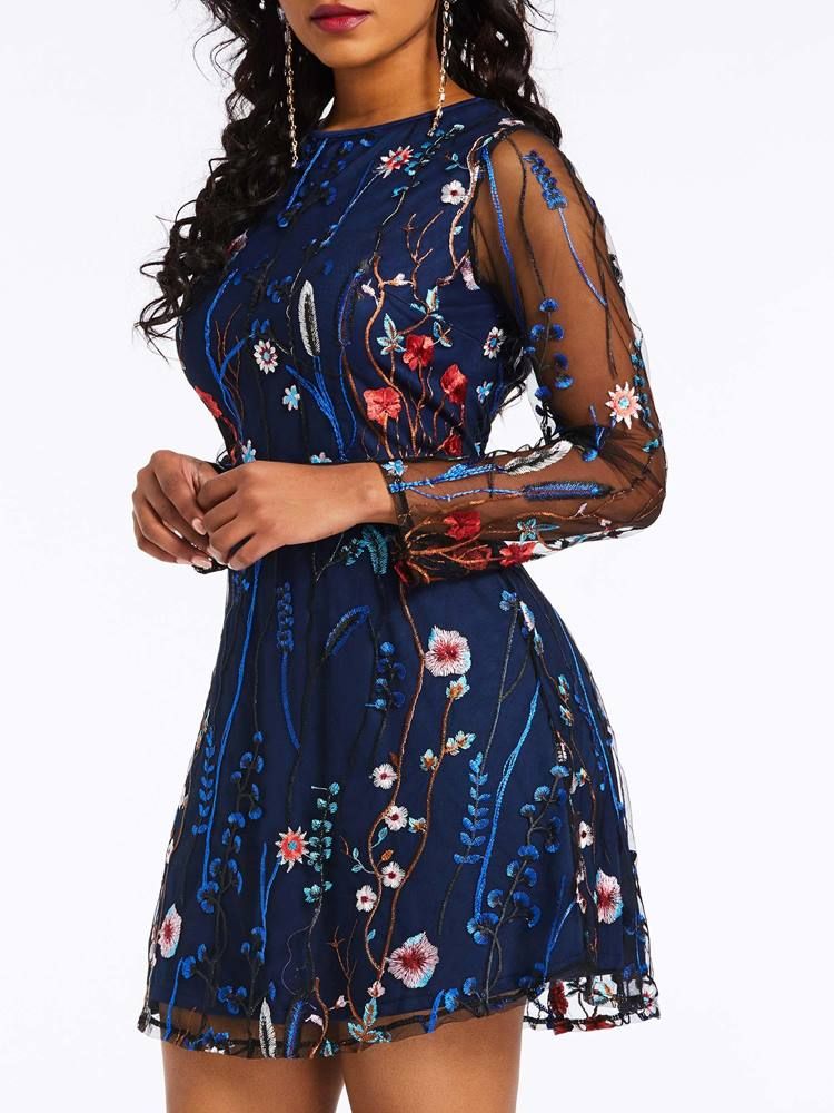 Kvinders Broderi Over Knæet Floral Date Night Dress