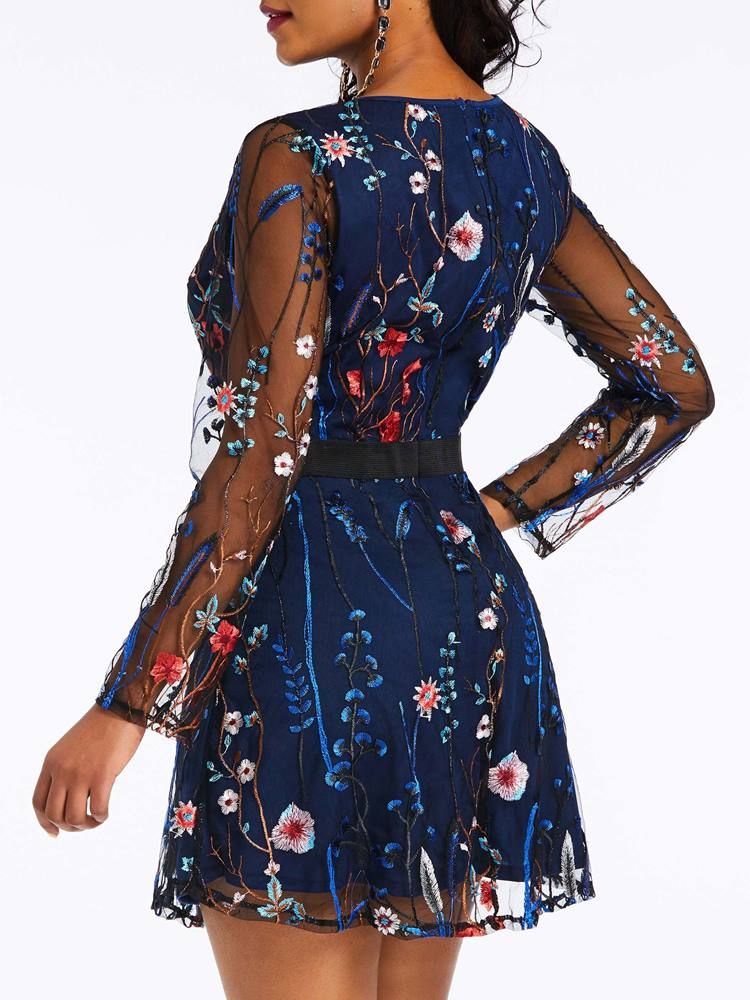 Kvinders Broderi Over Knæet Floral Date Night Dress