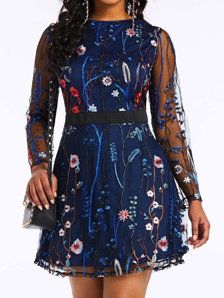 Kvinders Broderi Over Knæet Floral Date Night Dress