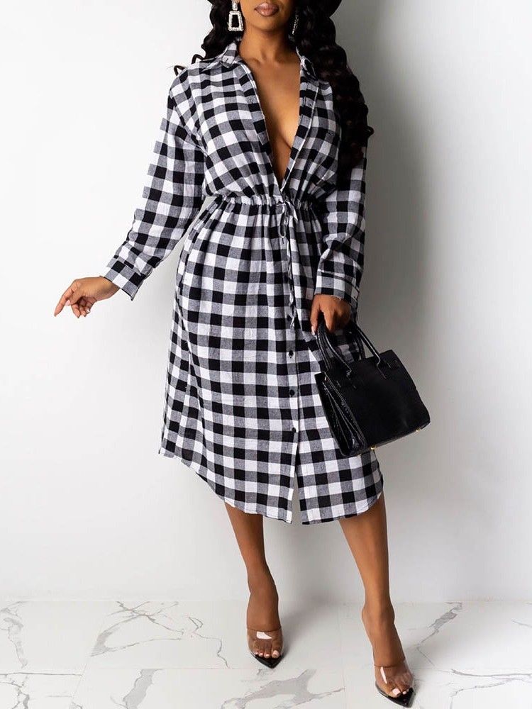 Kvinders Langærmet Revers Mid-calf Plaid Date Night Going Out Dress