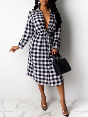 Kvinders Langærmet Revers Mid-calf Plaid Date Night Going Out Dress