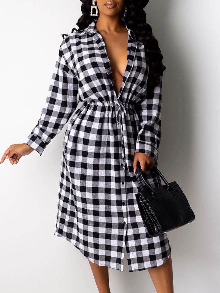 Kvinders Langærmet Revers Mid-calf Plaid Date Night Going Out Dress