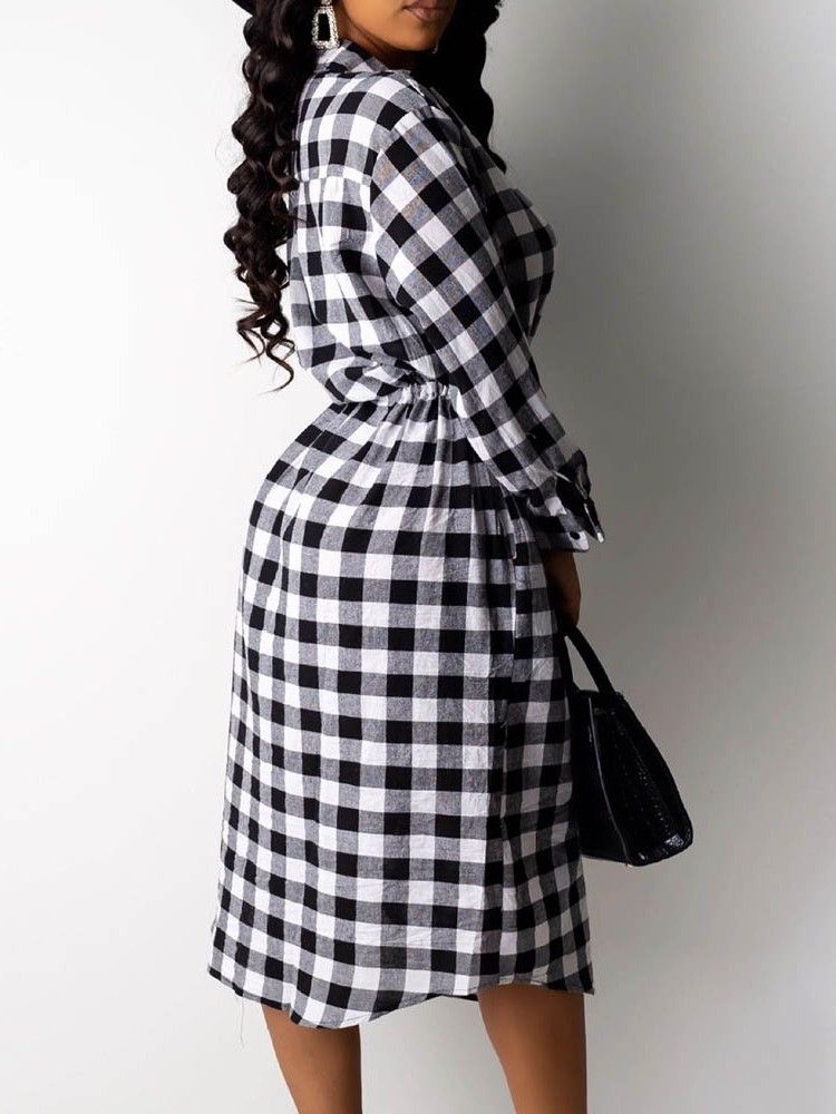 Kvinders Langærmet Revers Mid-calf Plaid Date Night Going Out Dress