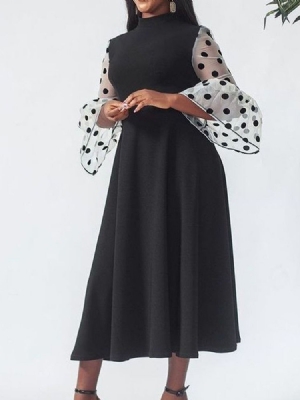 Kvinders Stativkrave Gennemsigtige Ni-punkts Ærmet Pullover Polka Dots Maxi Sort Kjole