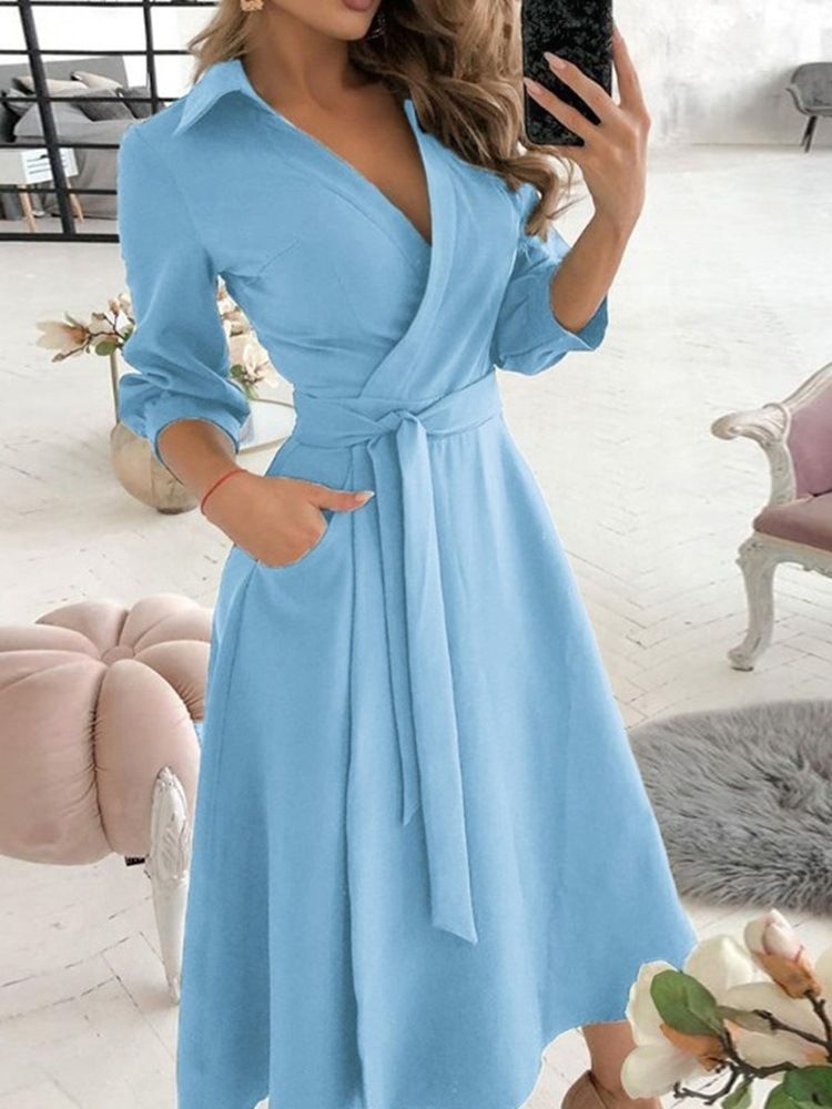 Mid-calf Lace-up Three-quarter Sleeve Mid Waist Plain Women's Dress