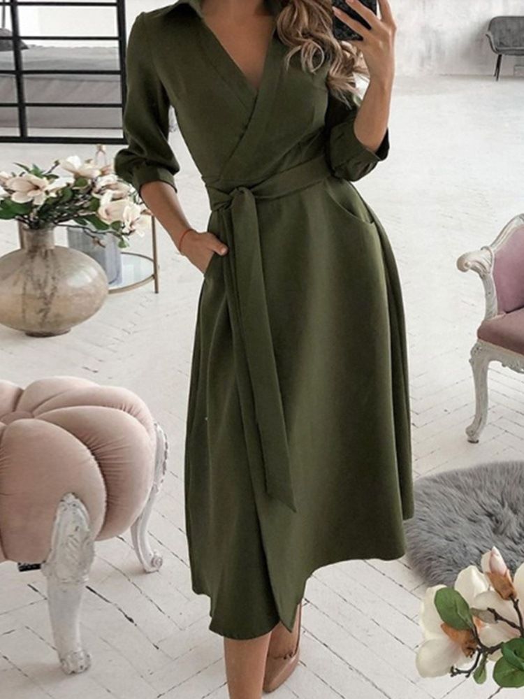 Mid-calf Lace-up Three-quarter Sleeve Mid Waist Plain Women's Dress