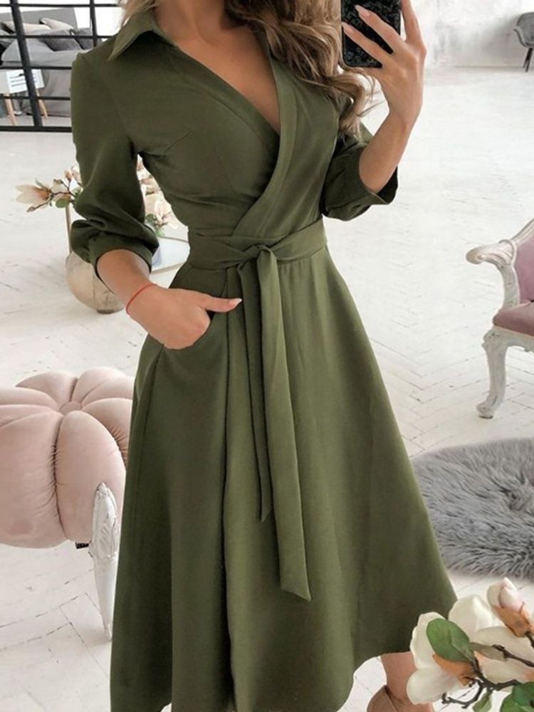 Mid-calf Lace-up Three-quarter Sleeve Mid Waist Plain Women's Dress