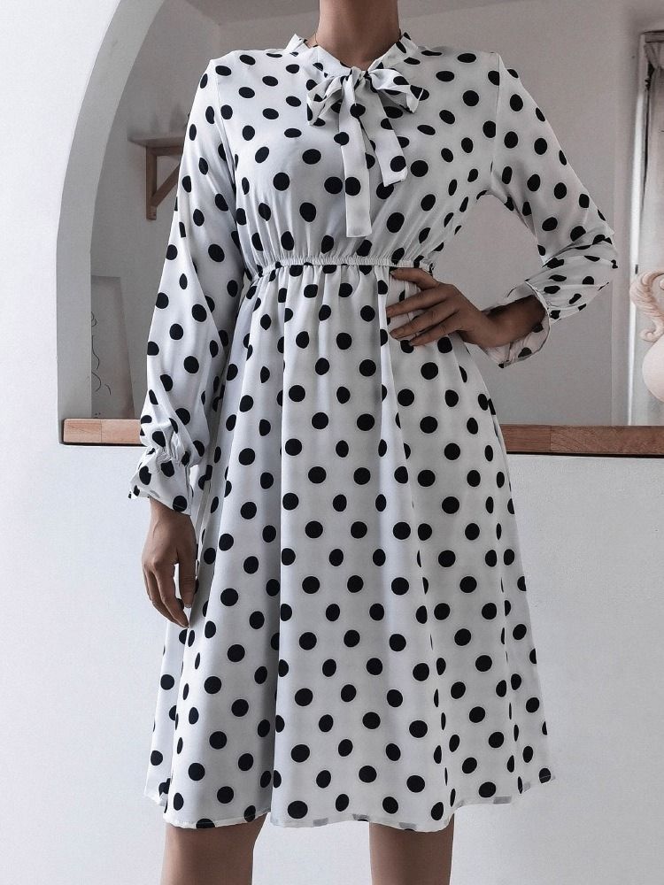 Mid-calf Patchwork Bow Collar A-line Polka Dots Kjole Til Kvinder