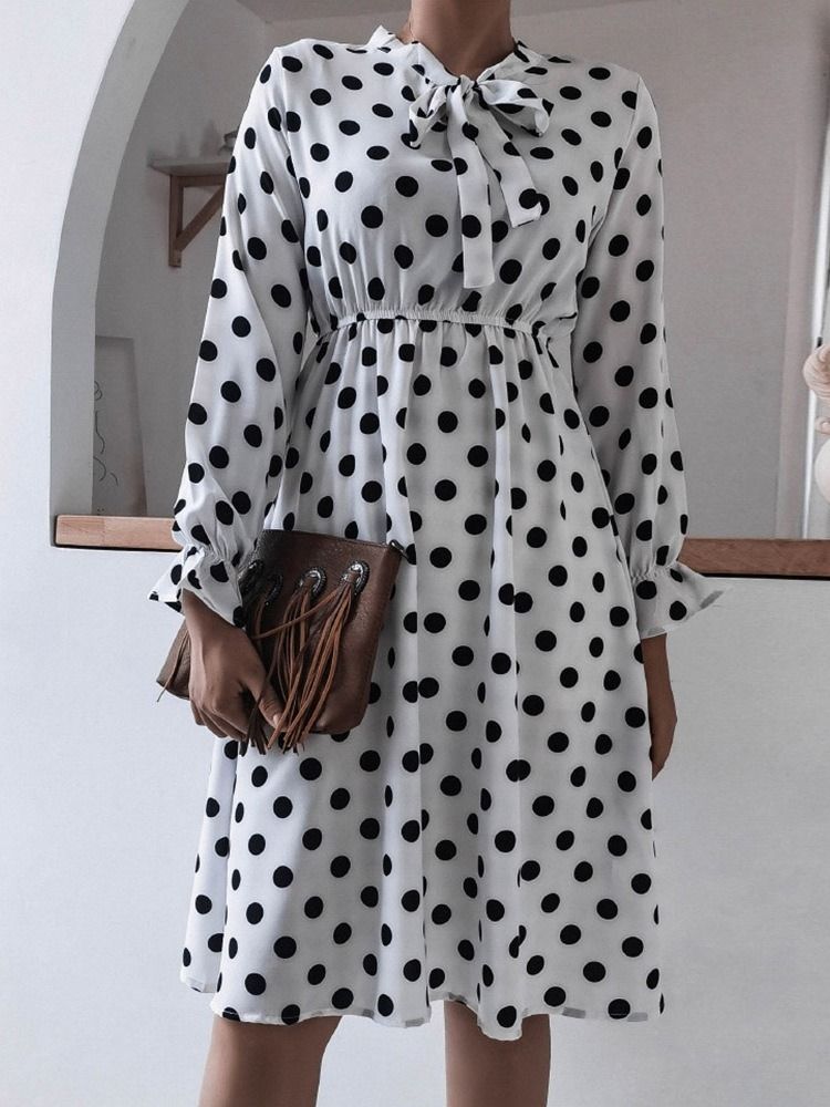 Mid-calf Patchwork Bow Collar A-line Polka Dots Kjole Til Kvinder