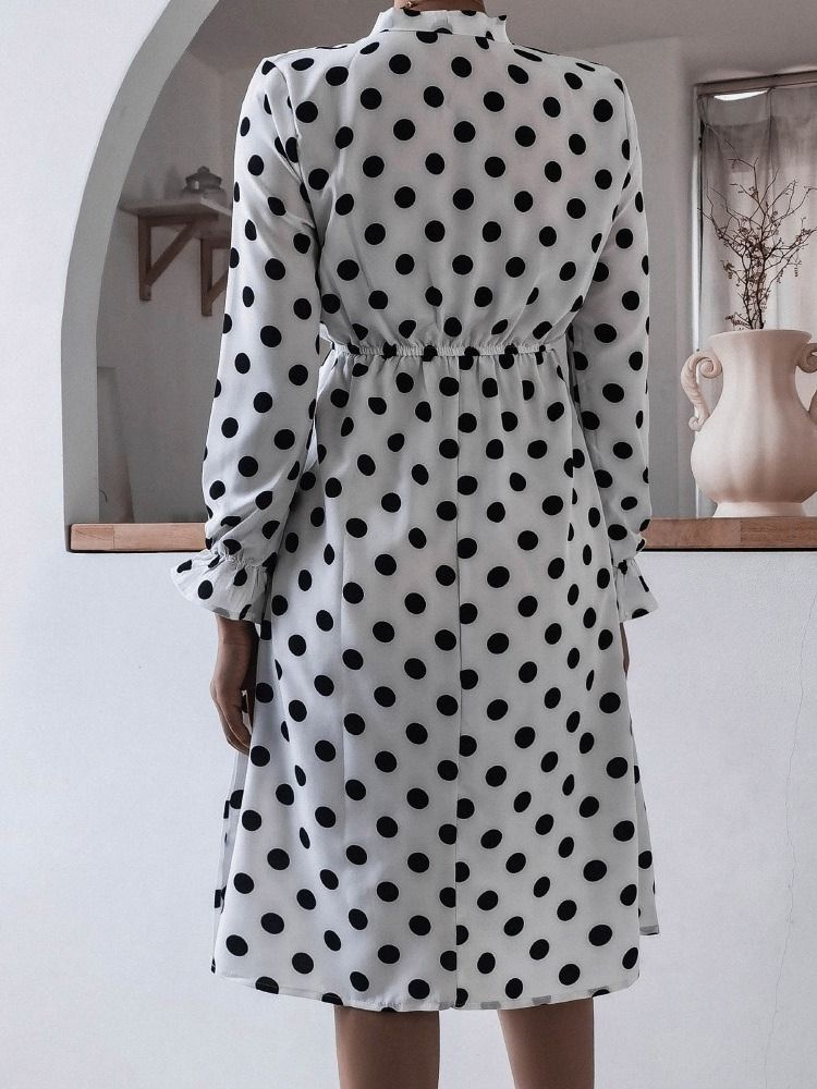 Mid-calf Patchwork Bow Collar A-line Polka Dots Kjole Til Kvinder