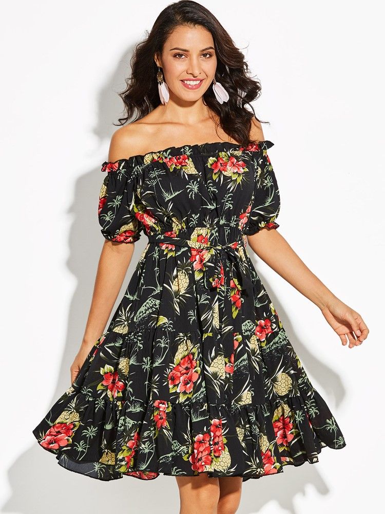 Off Shoulder Floral Print Women's A-line Kjole