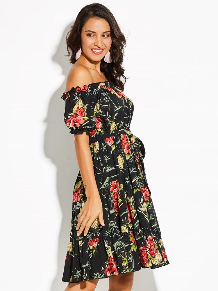 Off Shoulder Floral Print Women's A-line Kjole