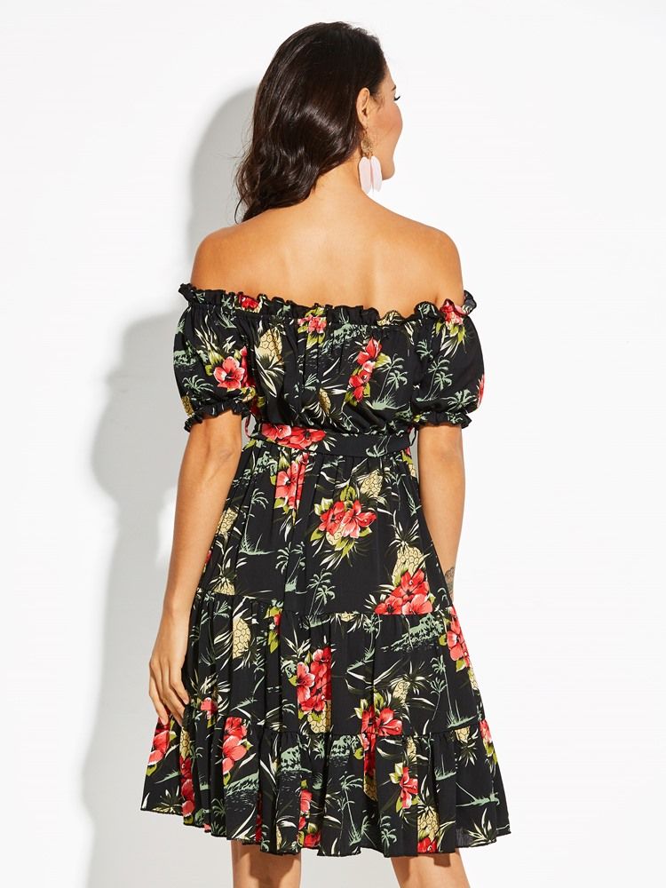 Off Shoulder Floral Print Women's A-line Kjole