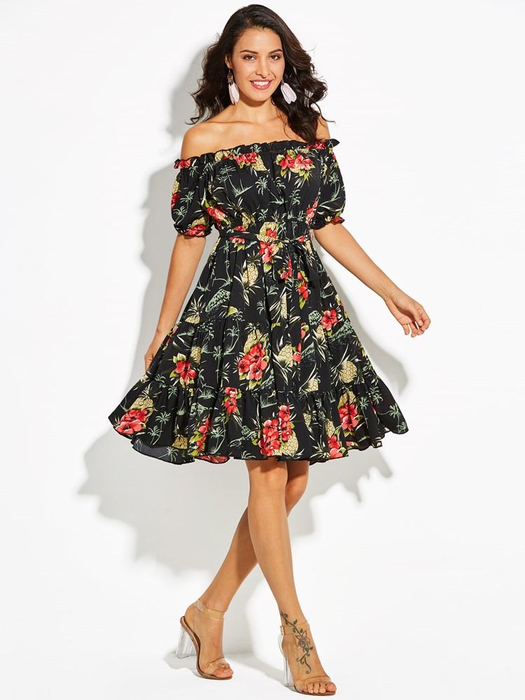 Off Shoulder Floral Print Women's A-line Kjole