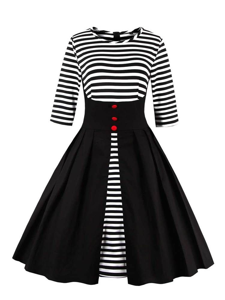 Women's Stripe Patchwork Button A Line Dress