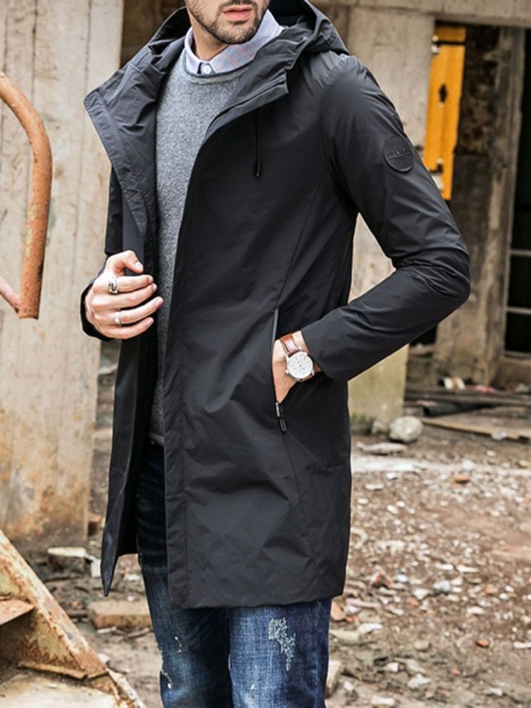 Hooded Zipper Plain Loose Casual Trenchcoat Til Mænd