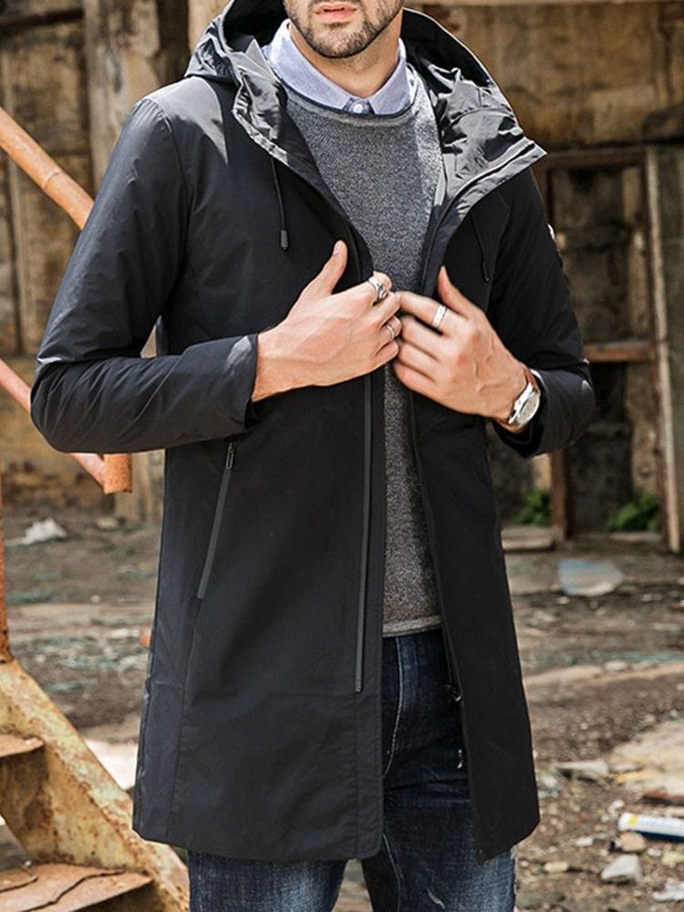 Hooded Zipper Plain Loose Casual Trenchcoat Til Mænd