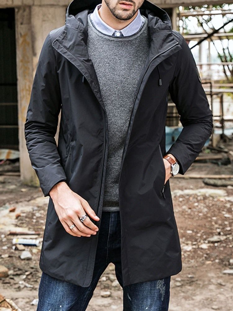 Hooded Zipper Plain Loose Casual Trenchcoat Til Mænd