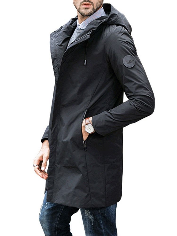 Hooded Zipper Plain Loose Casual Trenchcoat Til Mænd