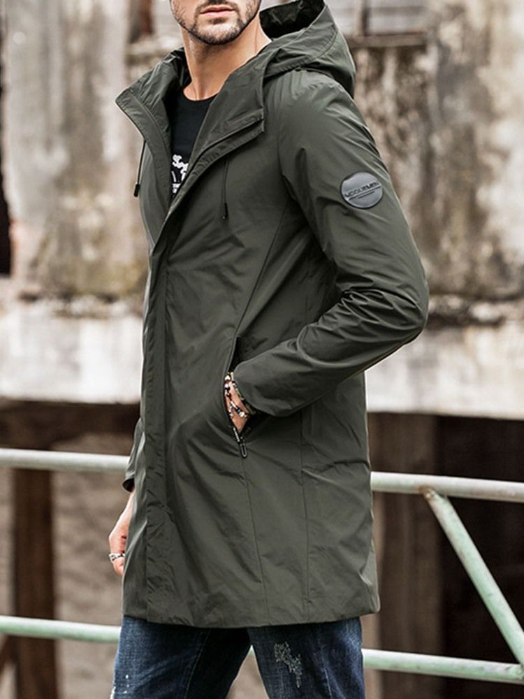 Hooded Zipper Plain Loose Casual Trenchcoat Til Mænd