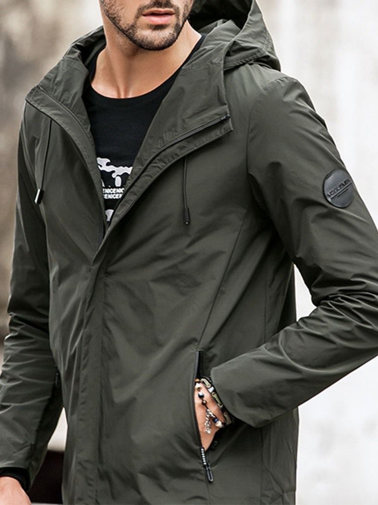 Hooded Zipper Plain Loose Casual Trenchcoat Til Mænd