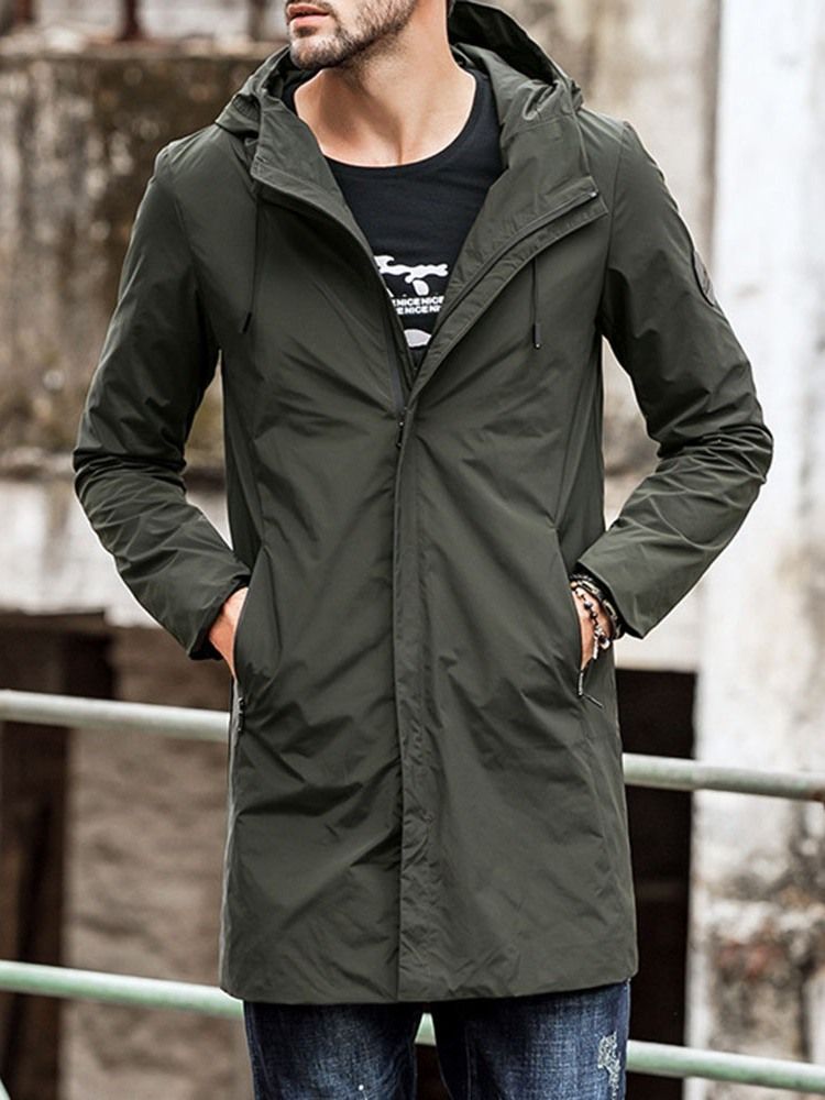 Hooded Zipper Plain Loose Casual Trenchcoat Til Mænd