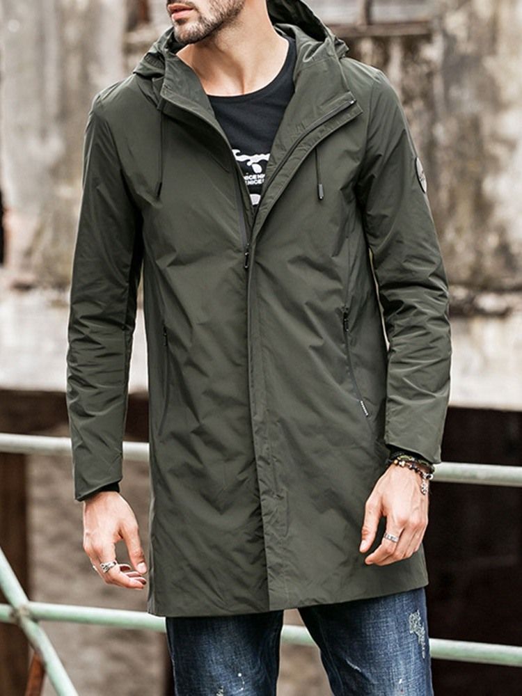 Hooded Zipper Plain Loose Casual Trenchcoat Til Mænd