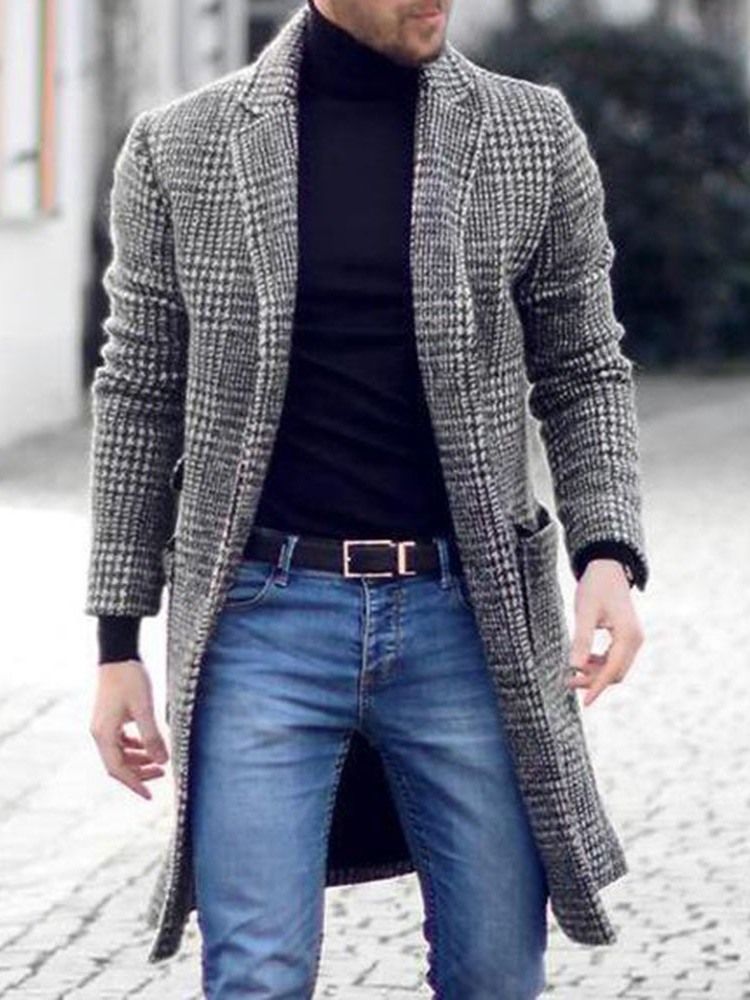 Mænds Plaid Mellemlang Længde Notched Revers European Slim Coat