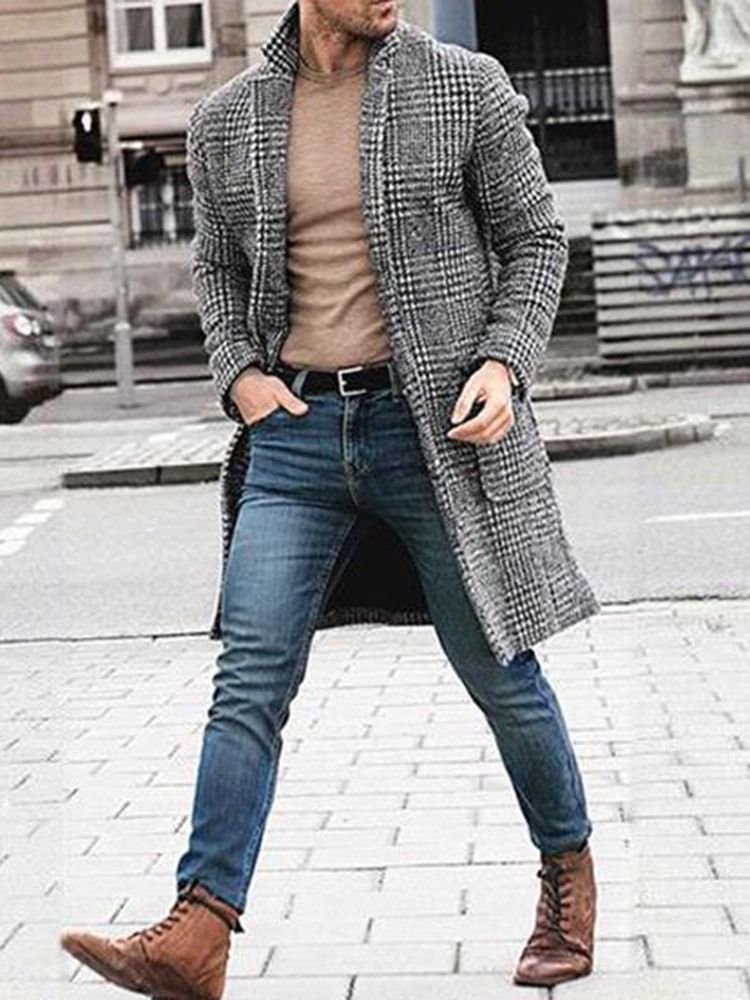 Mænds Plaid Mellemlang Længde Notched Revers European Slim Coat