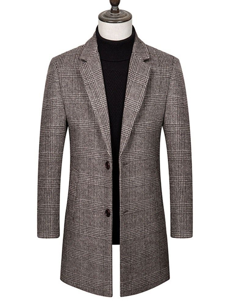 Notched Revers Plaid Mid-length Korean Men's Coat