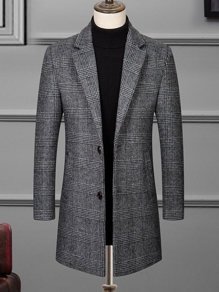 Notched Revers Plaid Mid-length Korean Men's Coat